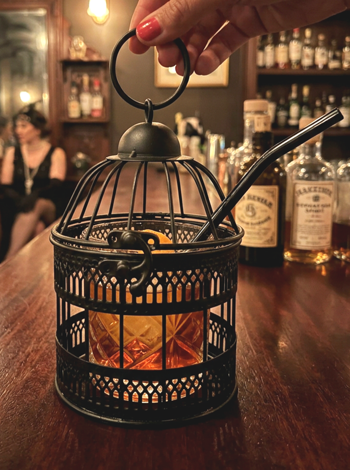 Black mini bird cage with cut glass cocktail glass inside with hand holding the cage