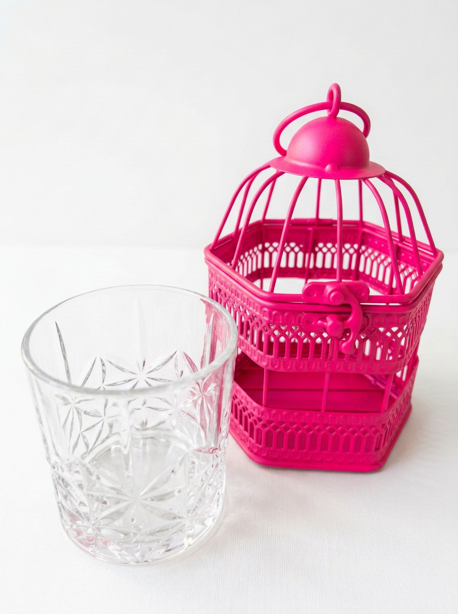 Fluro pink mini birdcage with cut glass cocktail glass inside on white back ground