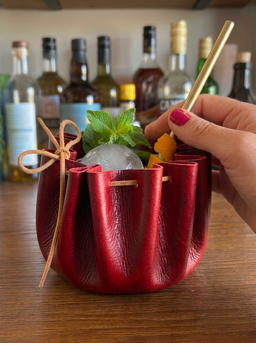 The Outlaw’s Pouch Cocktail Serve – Leather Pouch & Glass Duo Red
