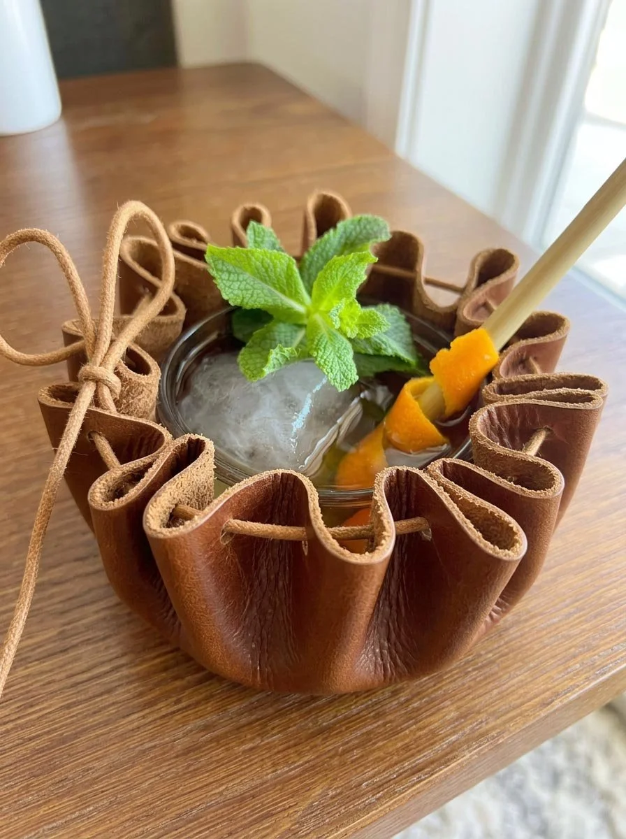 The Outlaw’s Pouch Cocktail Serve – Leather Pouch & Glass Duo Tan