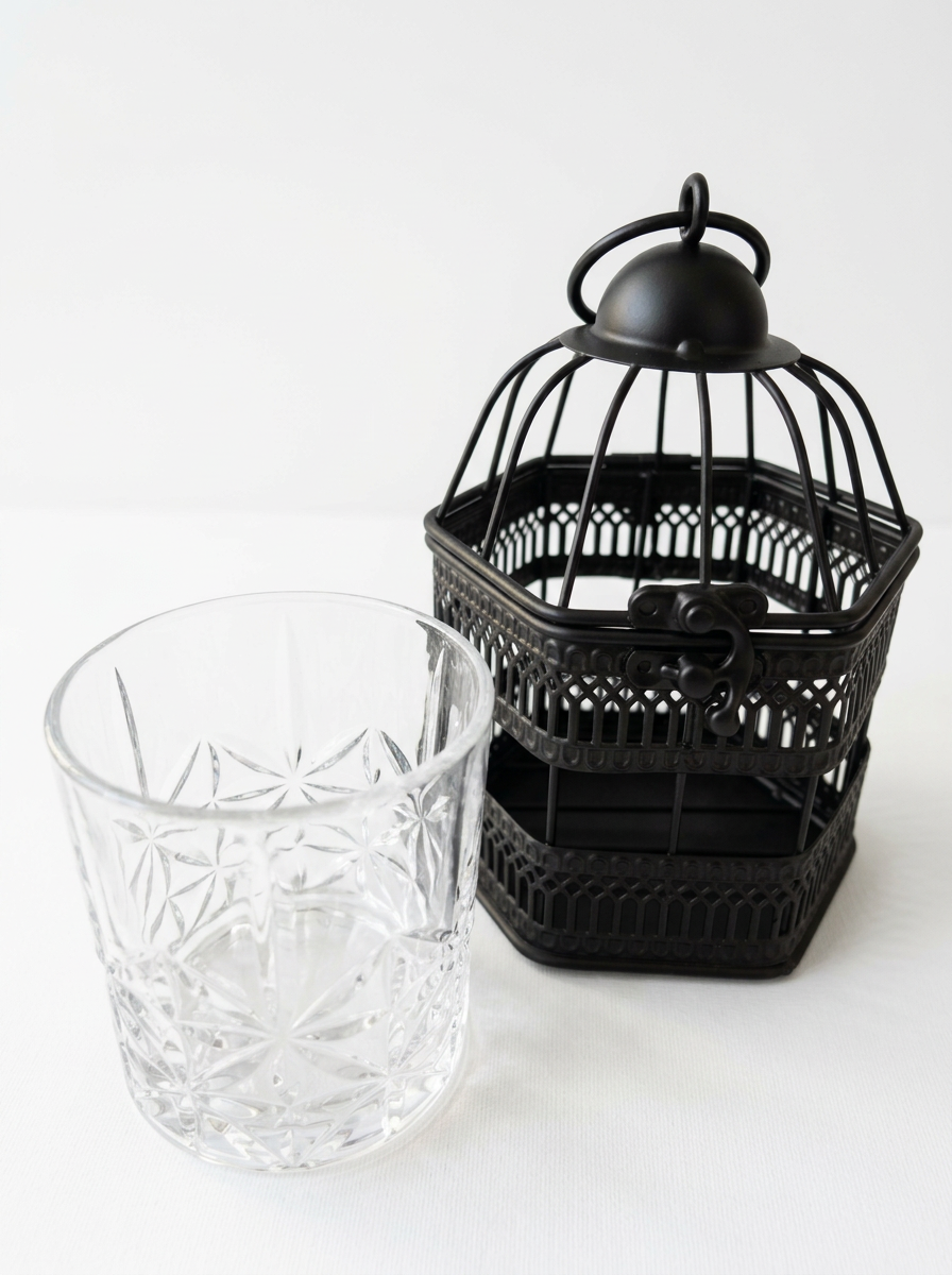 Black mini bird cage with cut glass cocktail glass inside on a white back ground