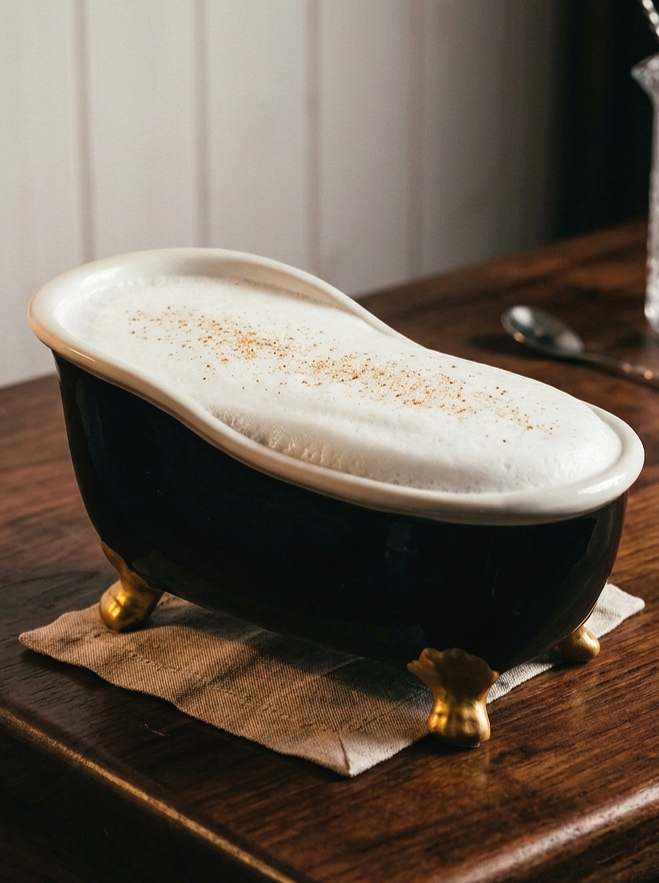 Large-format sharing cocktail for two served in the black and gold bathtub-shaped clay vessel, a playful and Instagram-worthy way to present signature drinks.