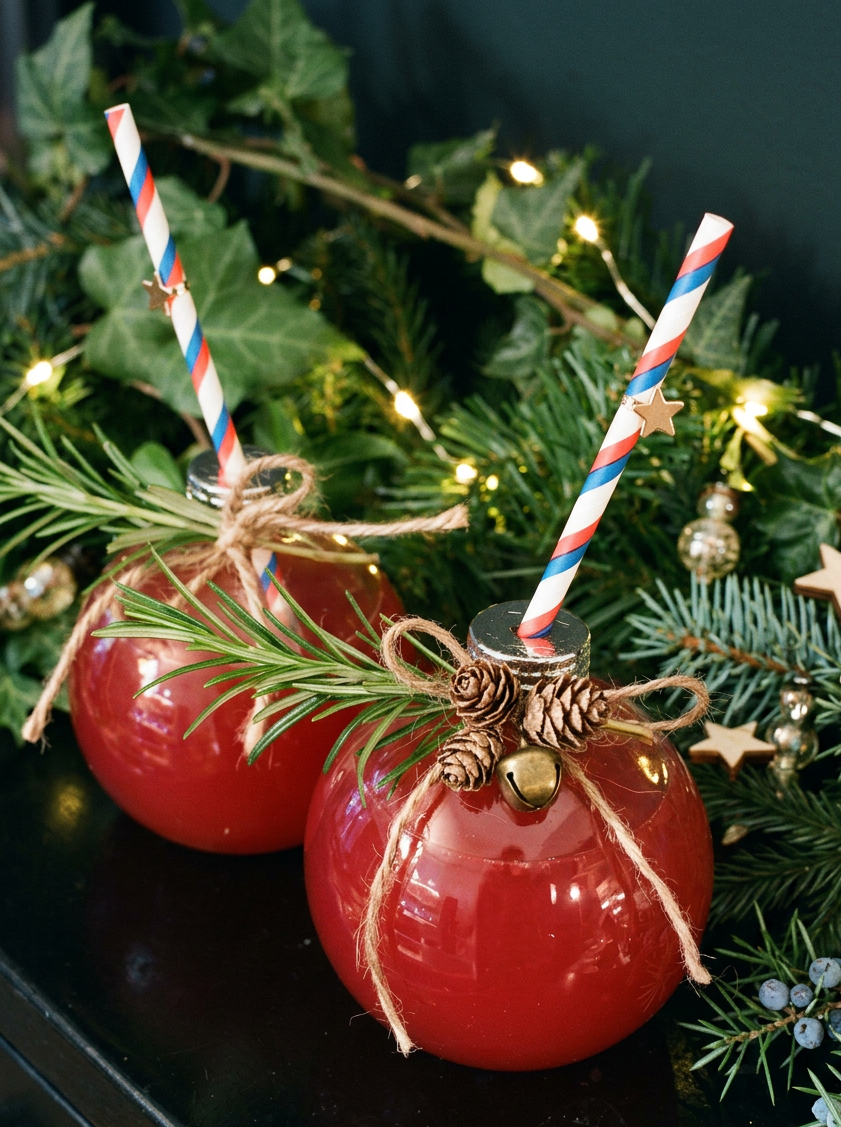 two Christmas bauble cocktail glass serving a deep red cocktail with twine garnish and sprice, ivy, pine cones and holly decoration
