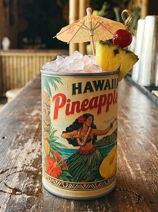 Vintage Hawaiian Pineapple Slices Tin Can Cocktail Cup with retro pineapple graphic vinyl wrap
