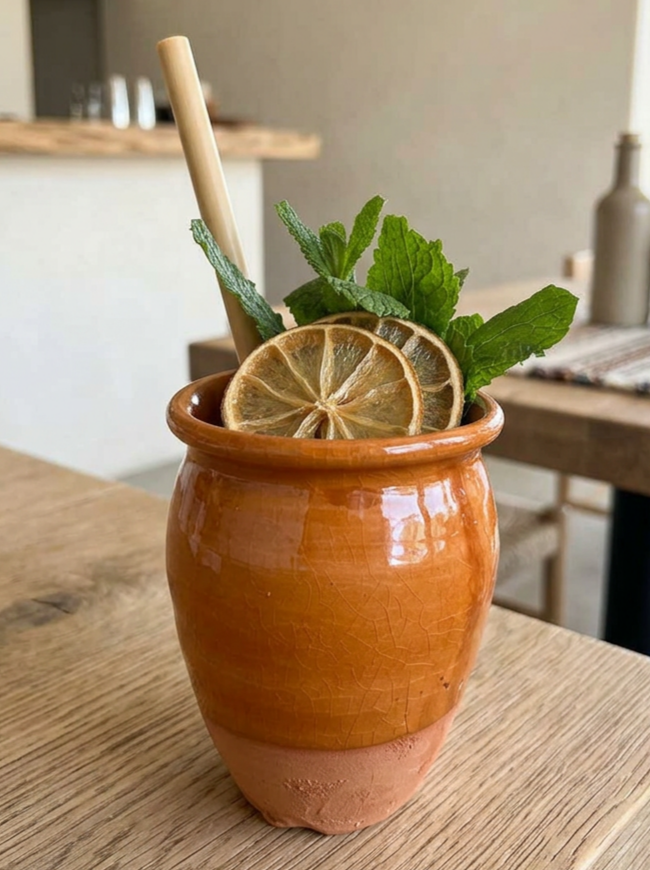 Traditional Mexican clay cantarito cocktail cup with rustic earthy finish in light brigth Mexican Cantina