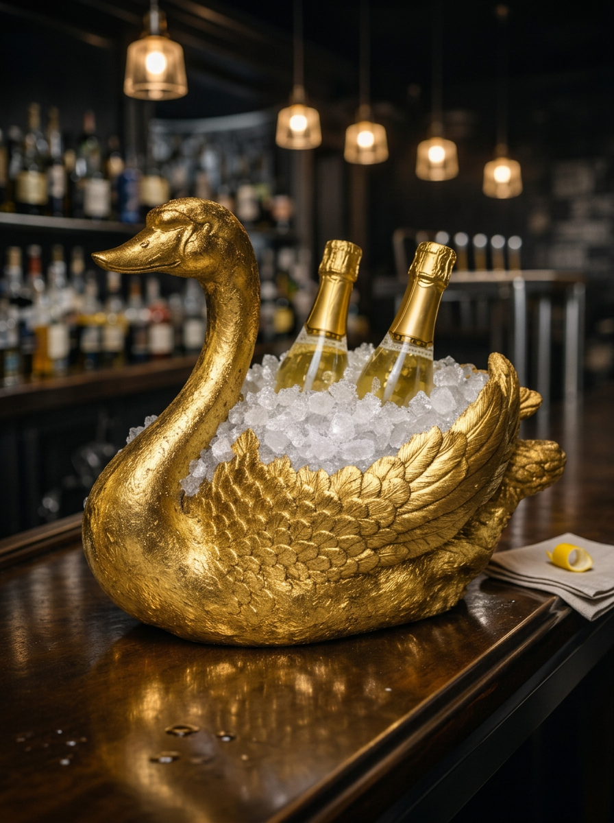 Gold Swan 2 Bottle Ice Bucket with sculptural fibreglass shinning gold finish
