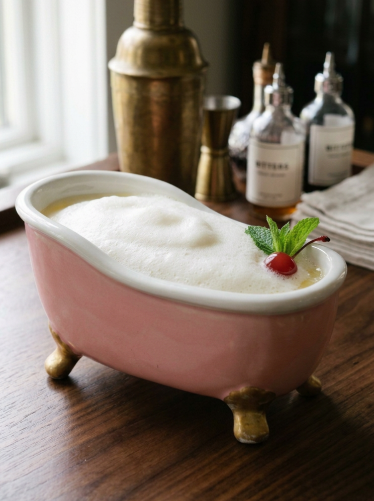 Baby pink bath tub cocktail sharing vessel with gold feet on a bar top