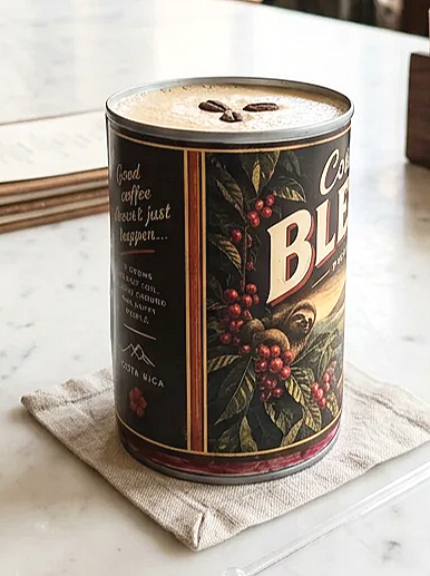 Side view of retro Costa Rican coffee tin label design on vinyl wrap cocktail cup