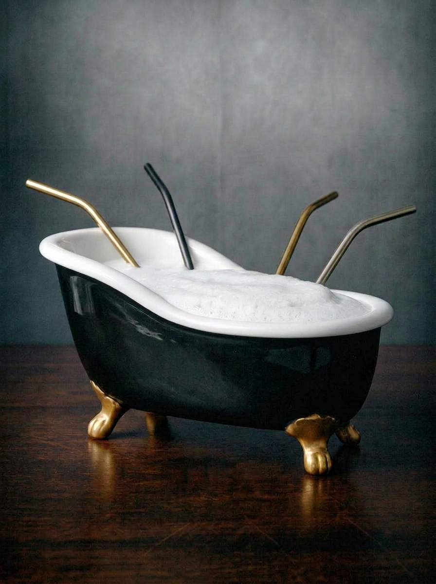 Bathtub Cocktail Sharer served with four straws, a fun and sociable way for four people to share a large-format cocktail from the handcrafted black clay vessel with gold feet.