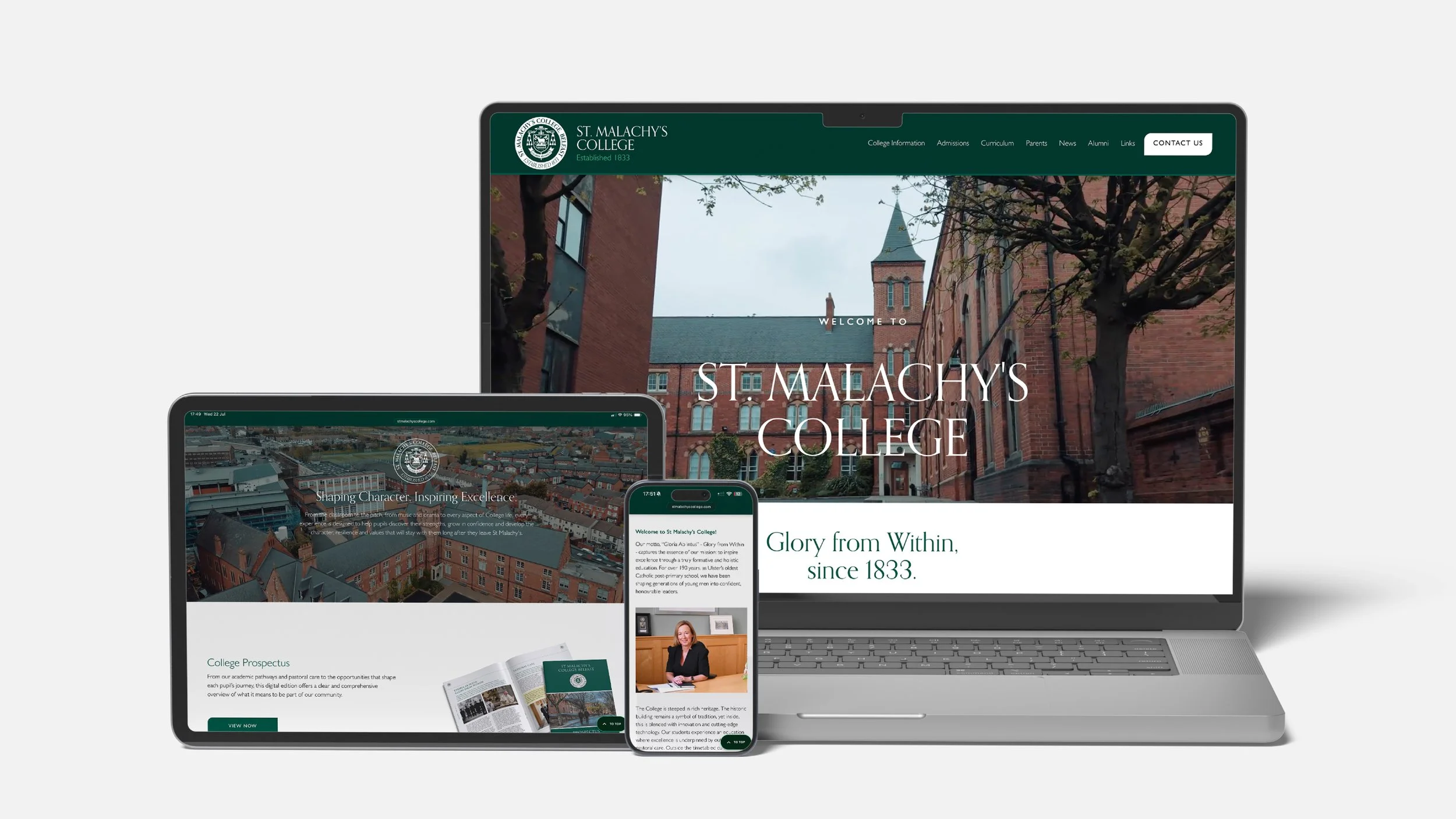 A showcase of St. Malachy's College Website redesigned by PRMT Marketing on multiple device types.