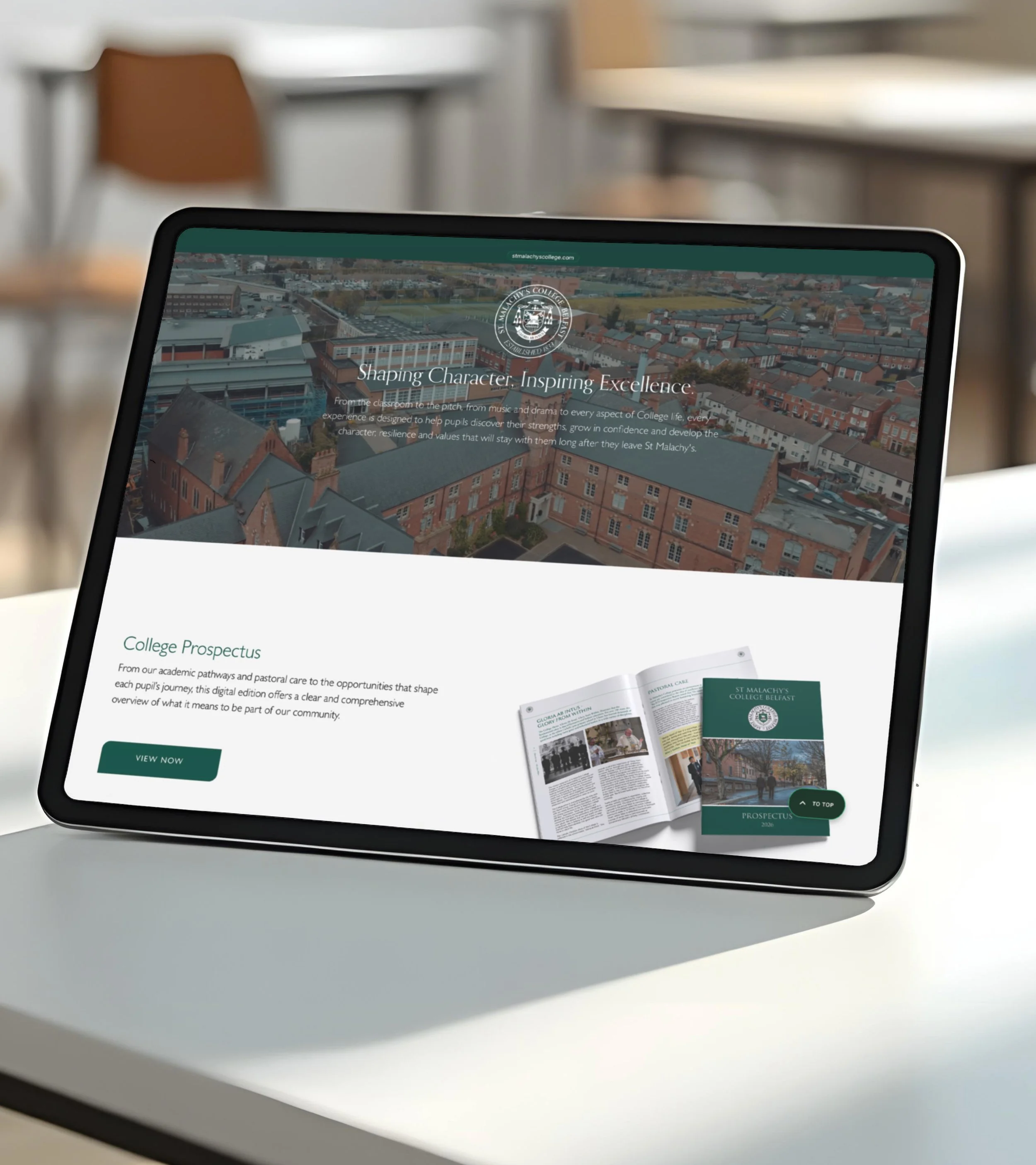 A tablet optimised showcase of pages featured in the redesign of St Malachy's College Belfast Website by PRMT Marketing