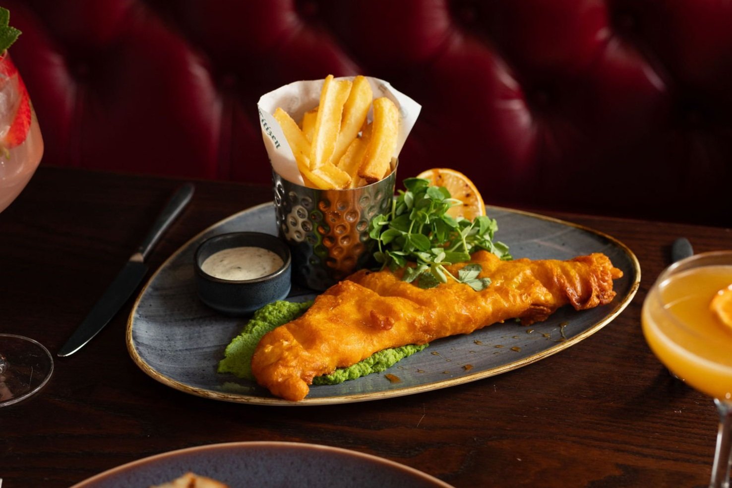Tennent’s beer & vodka battered Scottish haddock, burnt lime & malt reduction, garden pea purée and rustic chips with home-made Tartar sauce.
