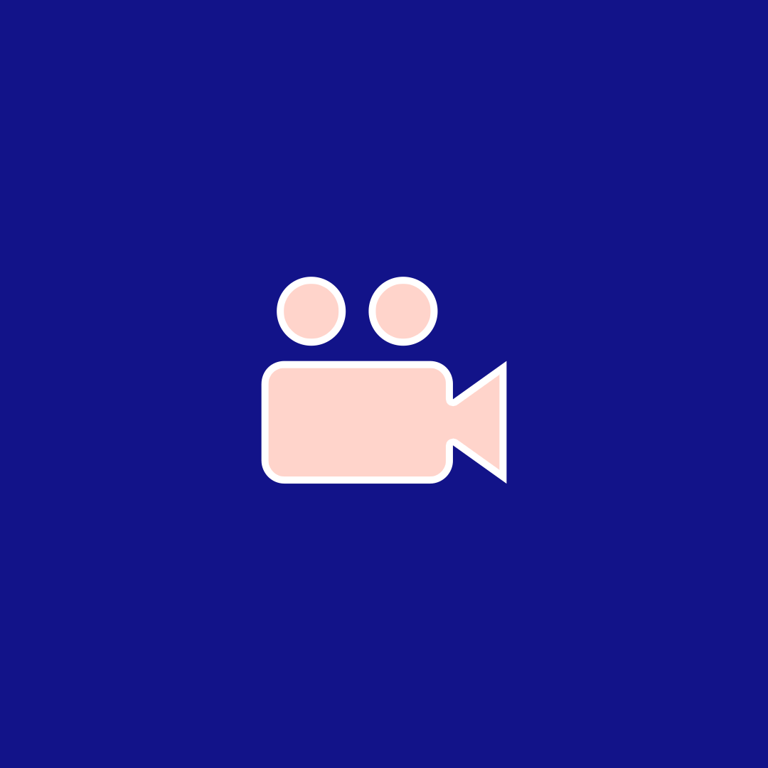Video camera icon on a dark blue background.