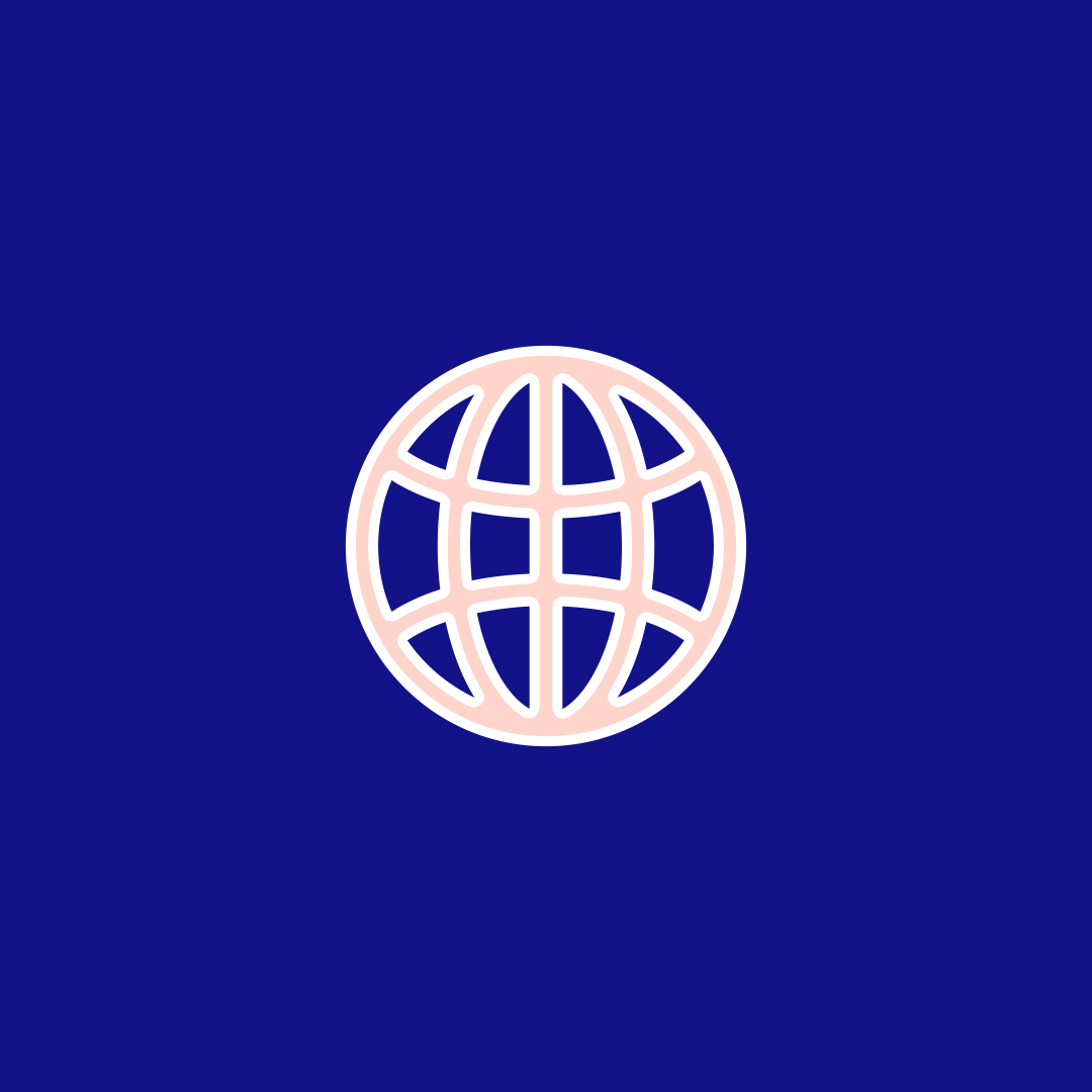 White globe icon on a dark blue background.
