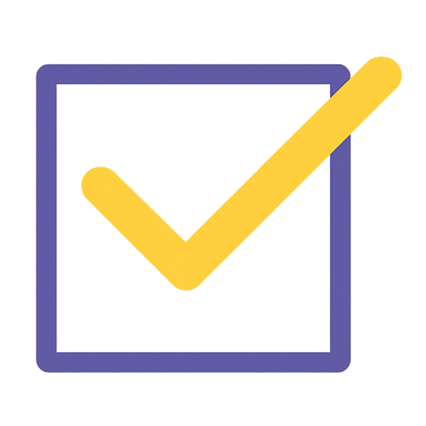 Icon of a blue checkmark inside a purple square with a red vertical bar to the right.