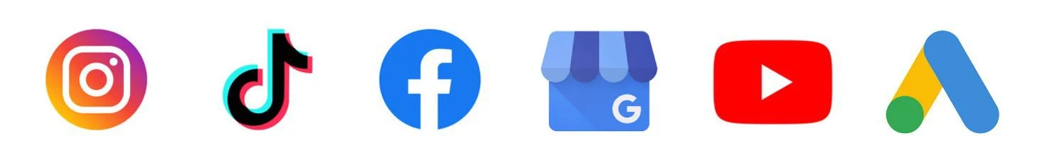 Icons of popular social media platforms: Instagram, TikTok, Facebook, Google My Business, YouTube, and Google Ads.