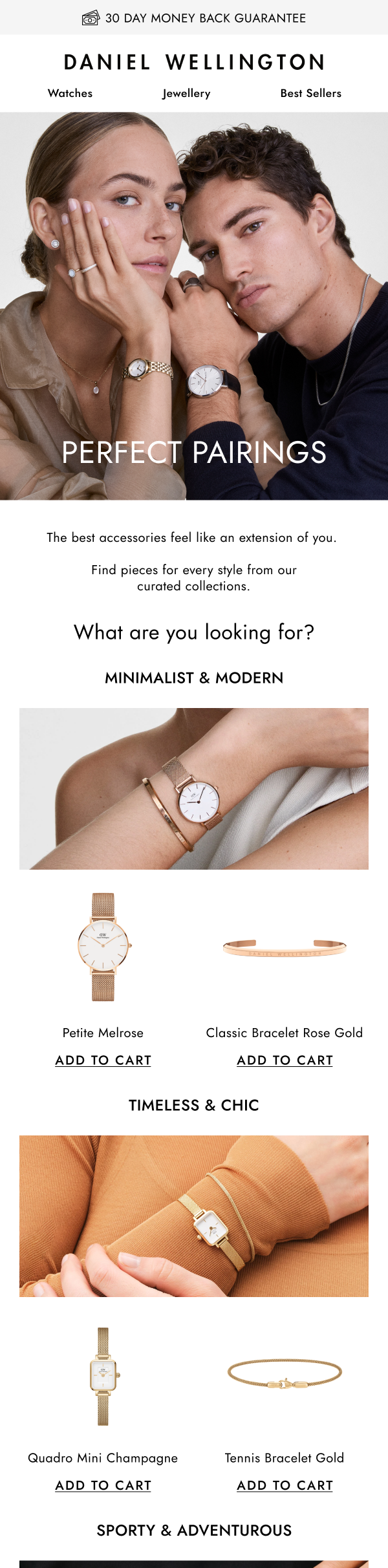 Email marketing design for Daniel Wellington watches, jewelry, and best sellers, emphasising perfect pairings with minimalist and modern styles.