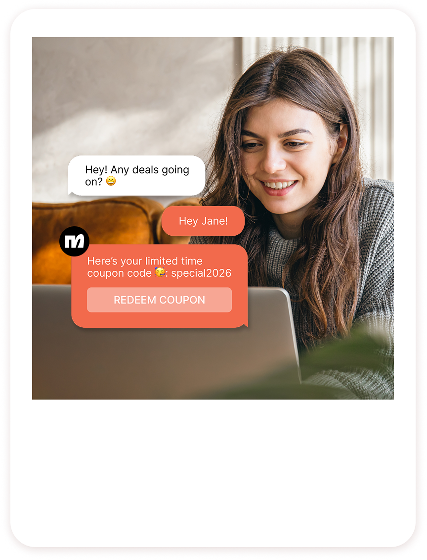 A young woman with long brown hair smiling at her laptop, engaging in a chat conversation about deals and coupons, with a cozy indoor background.