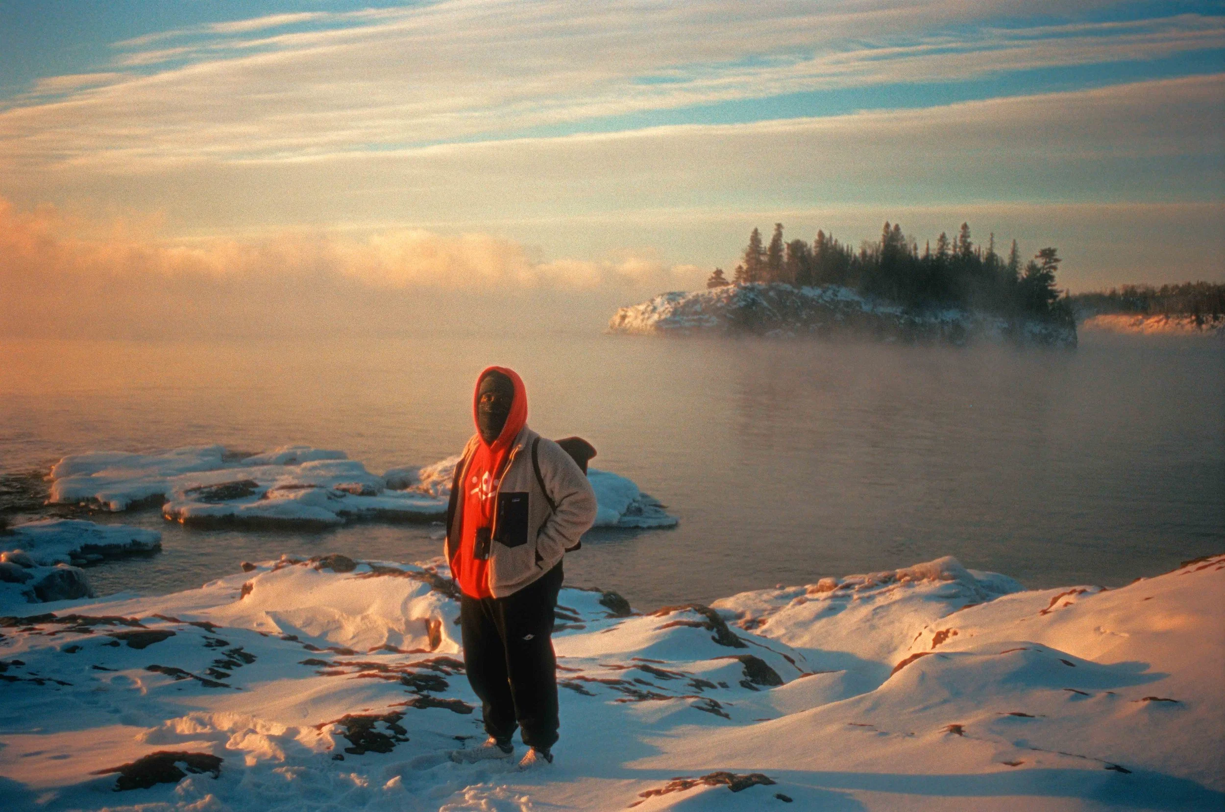 Dramatic Winter sea smoke sunrise at Split Rock Lighthouse on Lake Superior, Minnesota