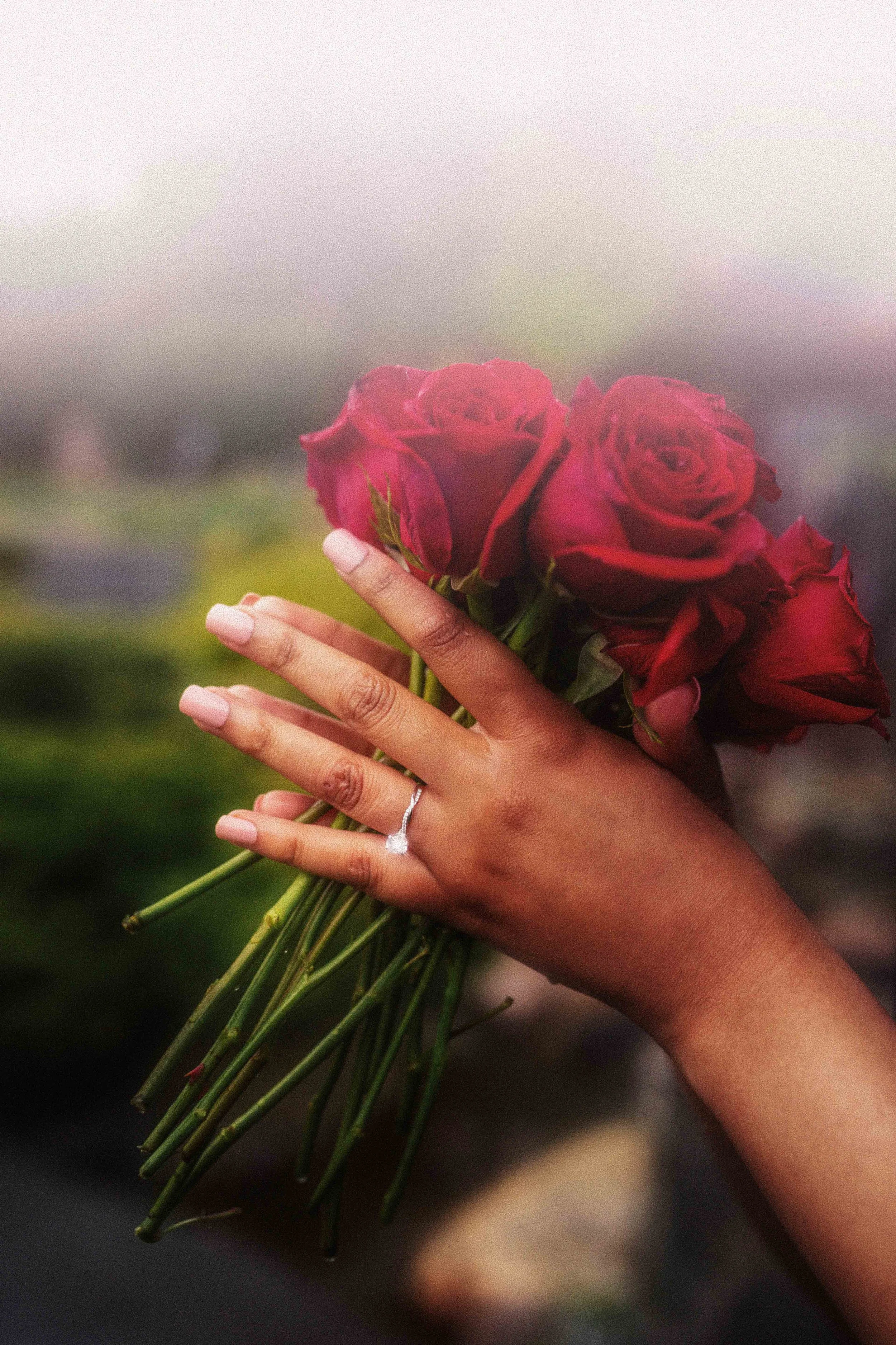 A hand holding a bouquet of red roses, with an engagement ring on one finger, against a blurred background.