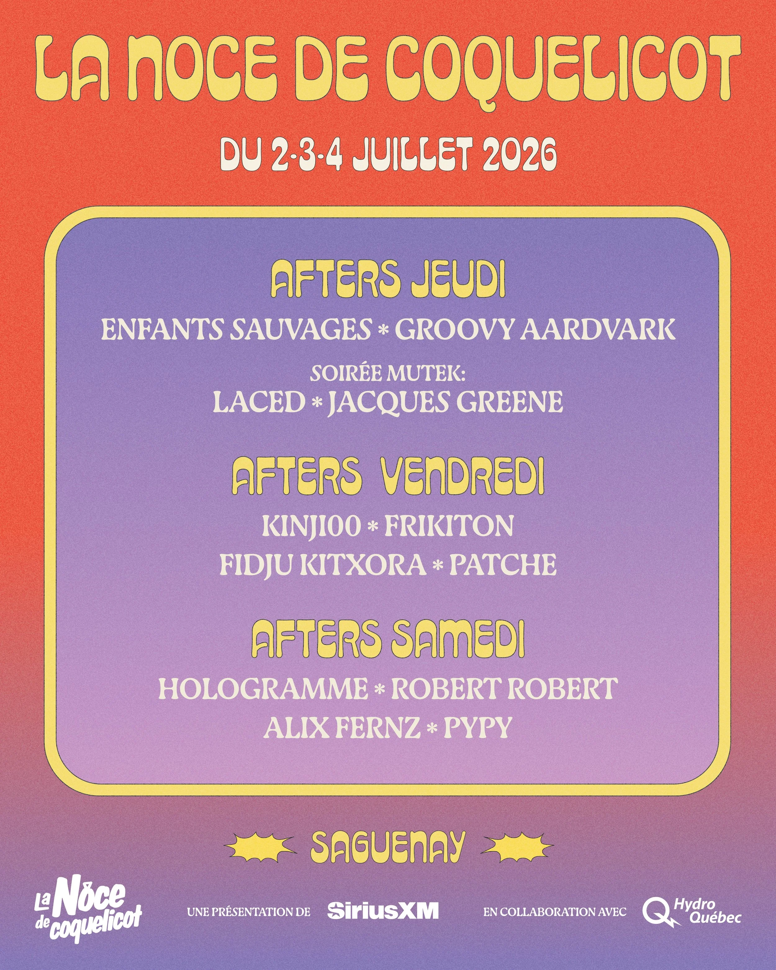 Afters dévoilés: La programmation de la Noce de coquelicot à Saguenay est maintenant complète (ou presque;)!)