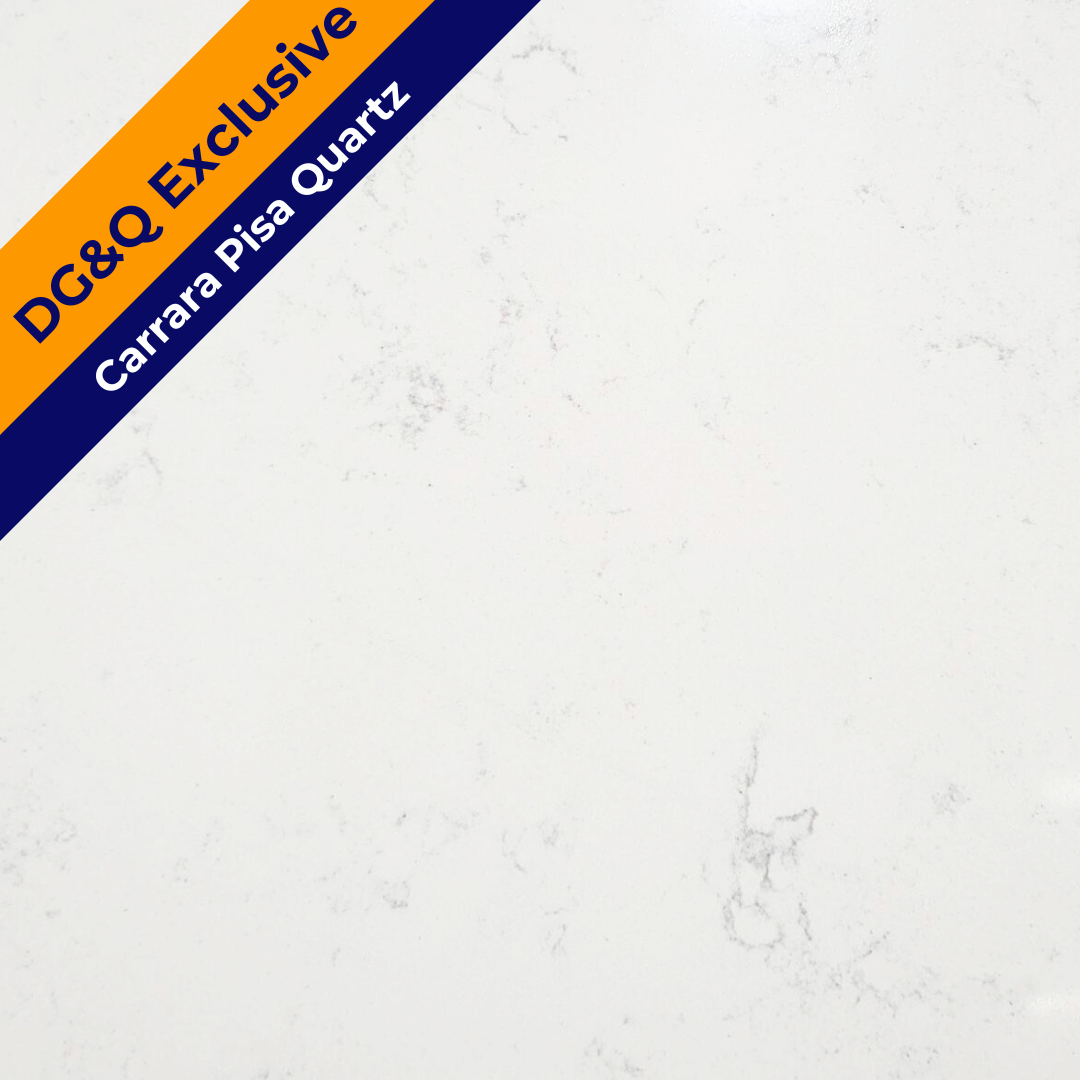 Blank white background with orange and blue diagonal banner in top left corner displaying the text 'DC & Q Exclusive' and 'Carrara Pisa Quartz'.