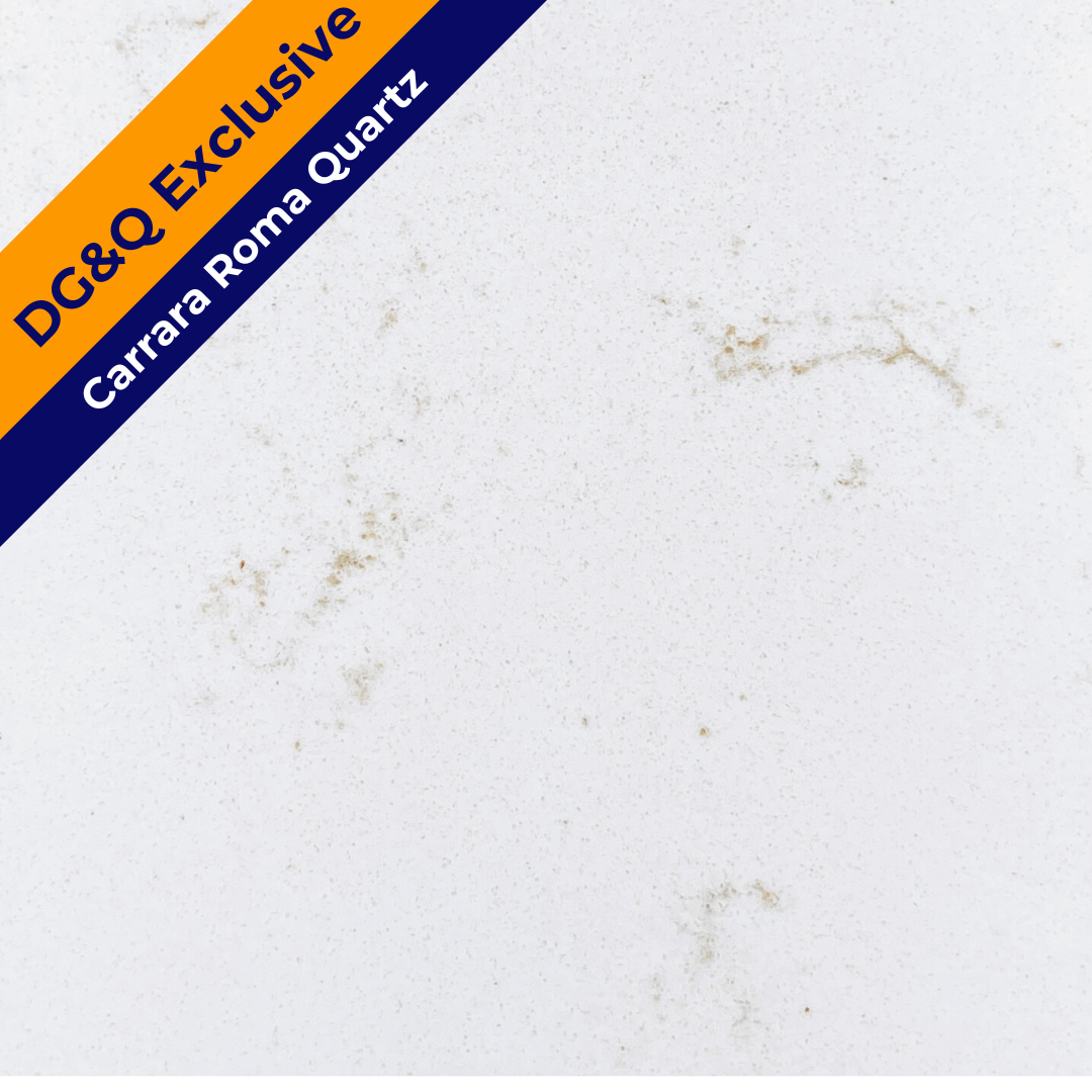 A white Carrera Roma Quartz countertop with some surface stains and marks.