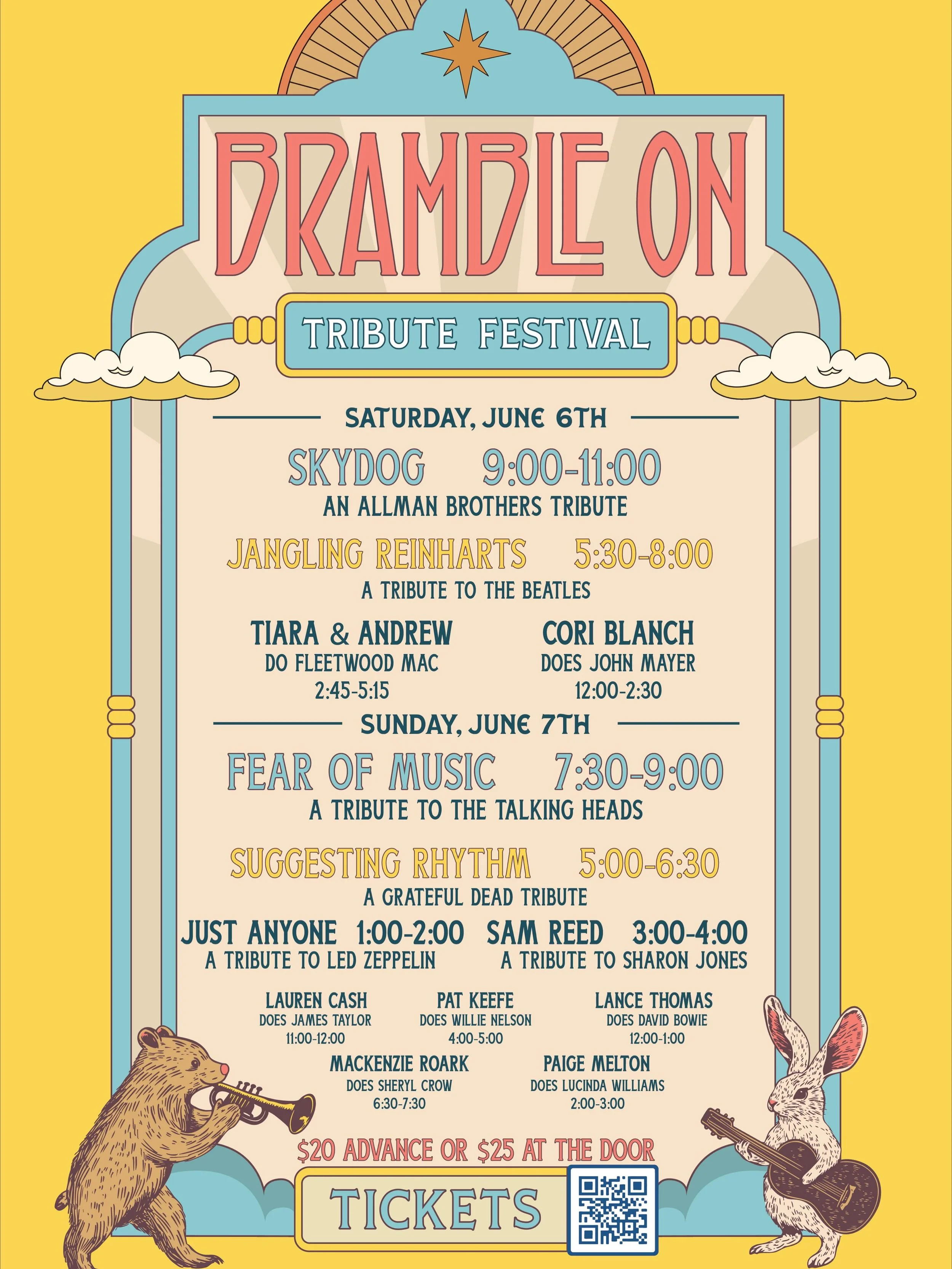 We&rsquo;ve got the performance times locked in for @brambleonfest on 06/06 and 06/07. 

06/06
@soulegacymusic tributes John Mayer from 12-2:30
@tiaranandrew tribute Fleetwood Mac from 2:45-5:15
@janglingreinharts tribute the Beatles from 5:30-8:00
@