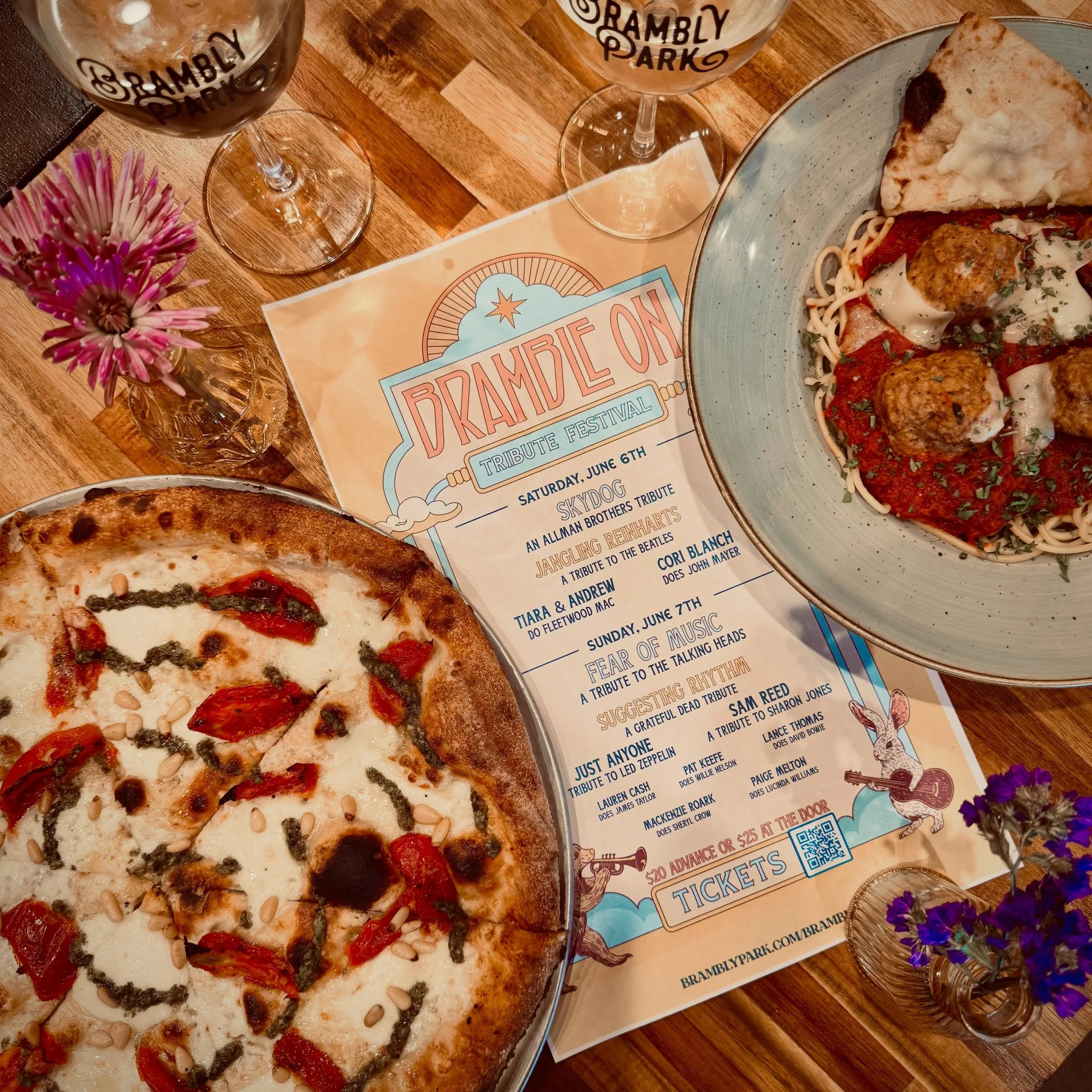 Every date night reservation tonight, June 6, has a 50/50 chance to win free admission to our @brambleonfest 💥🎸 Our Date Night Special is Tuesday-Sunday after 7:30pm! $45 for an appetizer or dessert, two entrees, and one bottle of Brambly wine! Res