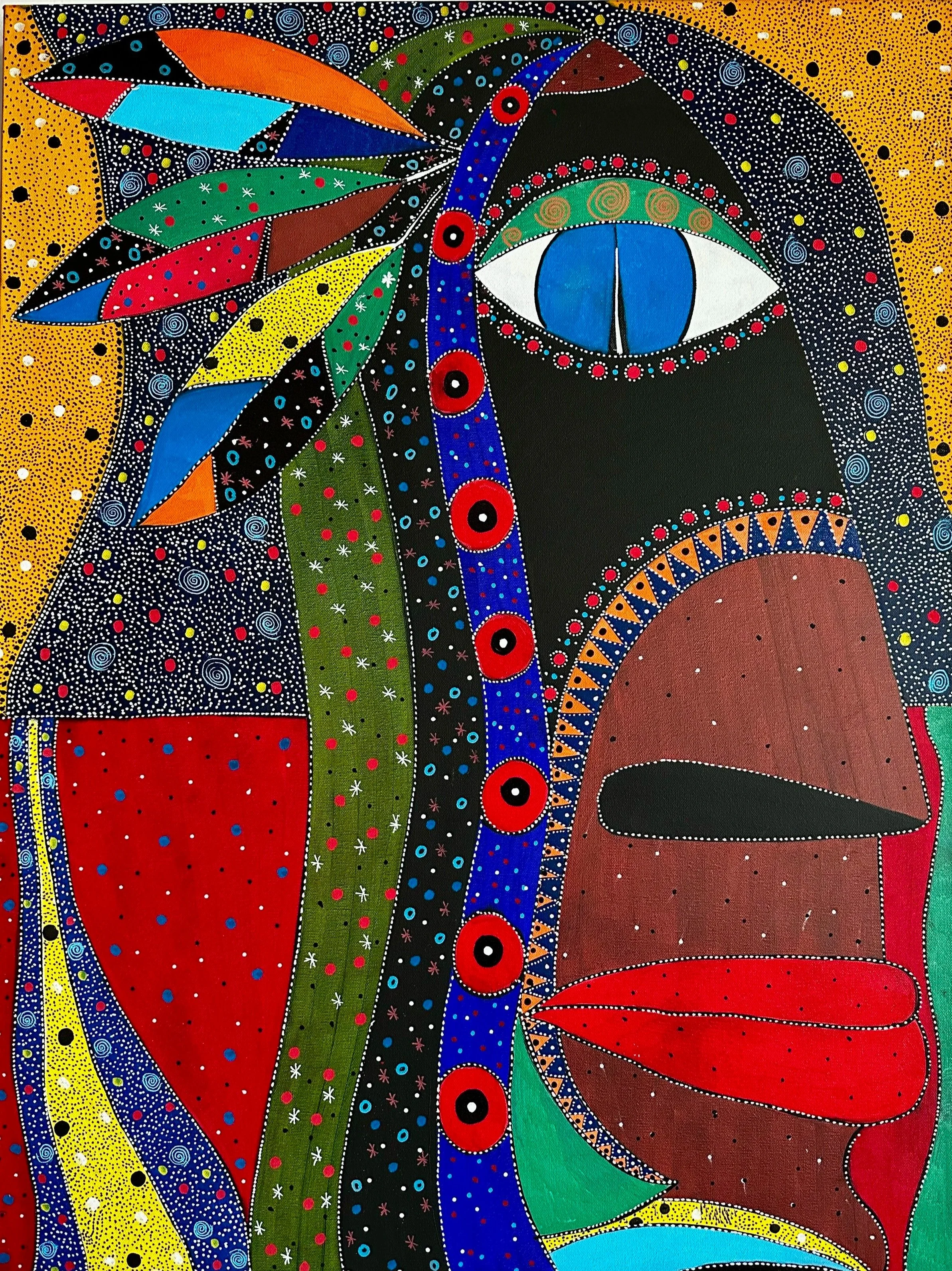 A colorful abstract painting with a large face, featuring a big blue eye with a white sclera, a red tongue, and green and red lips. The face is surrounded by multicolored patterns, dots, and shapes resembling leaves, a beak, and various geometric ele