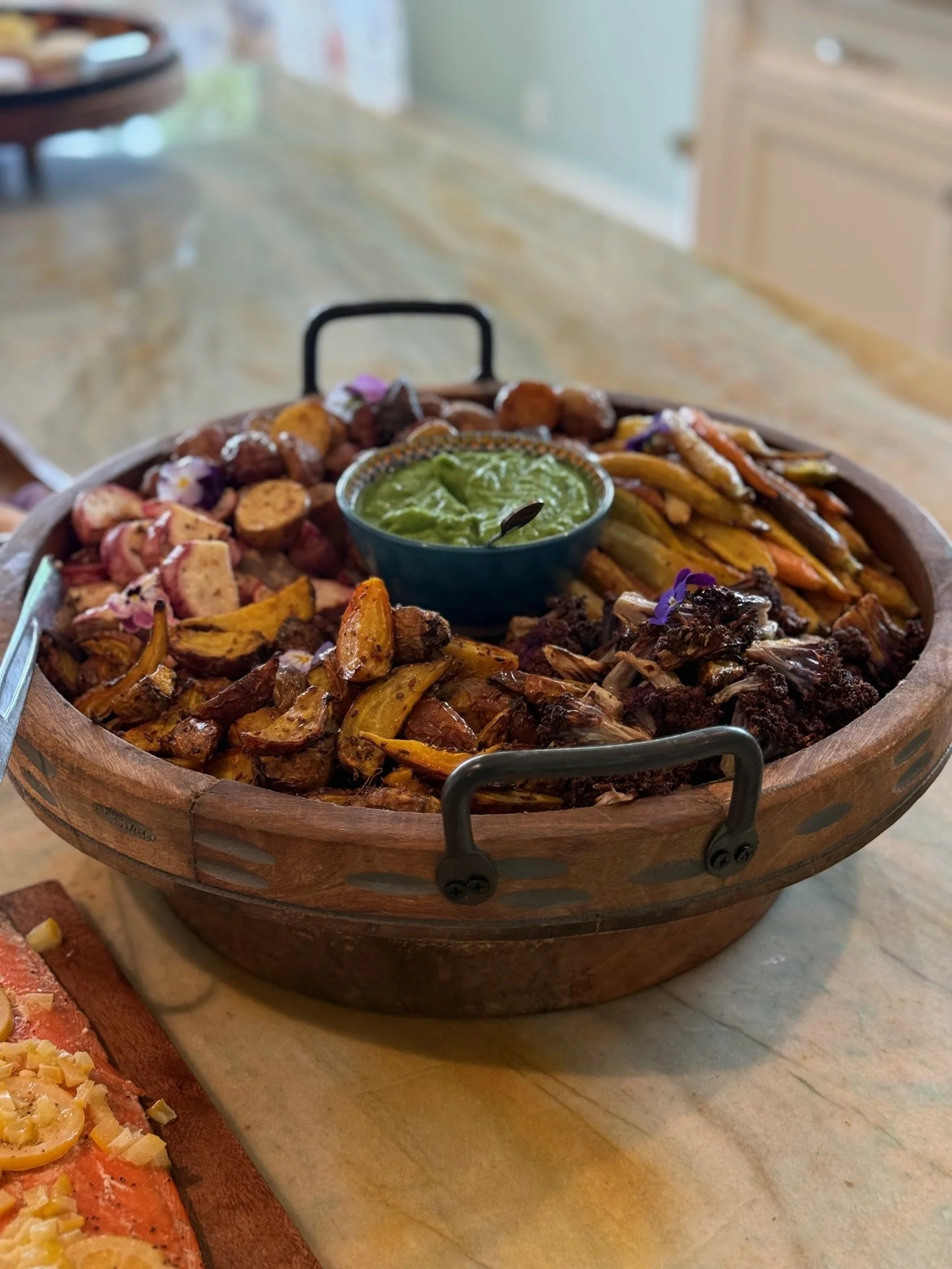 Roux Catering roasted Star Route Farms Organic Vegetable Platter, English Pea Dip