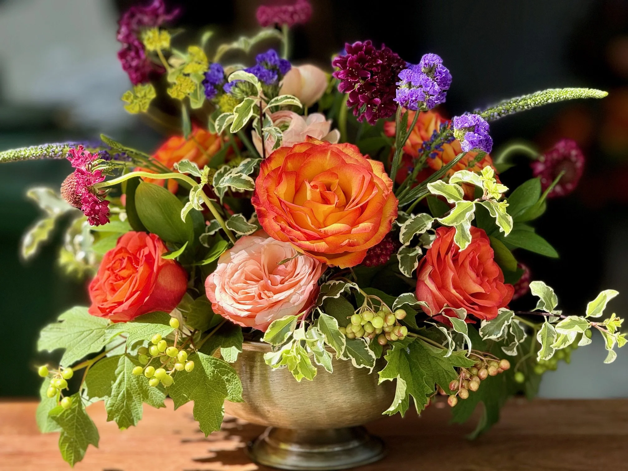 Seasonal wedding floral arrangement with garden roses and locally sourced flowers by Dee Wagner Events, Marin County Bay Area