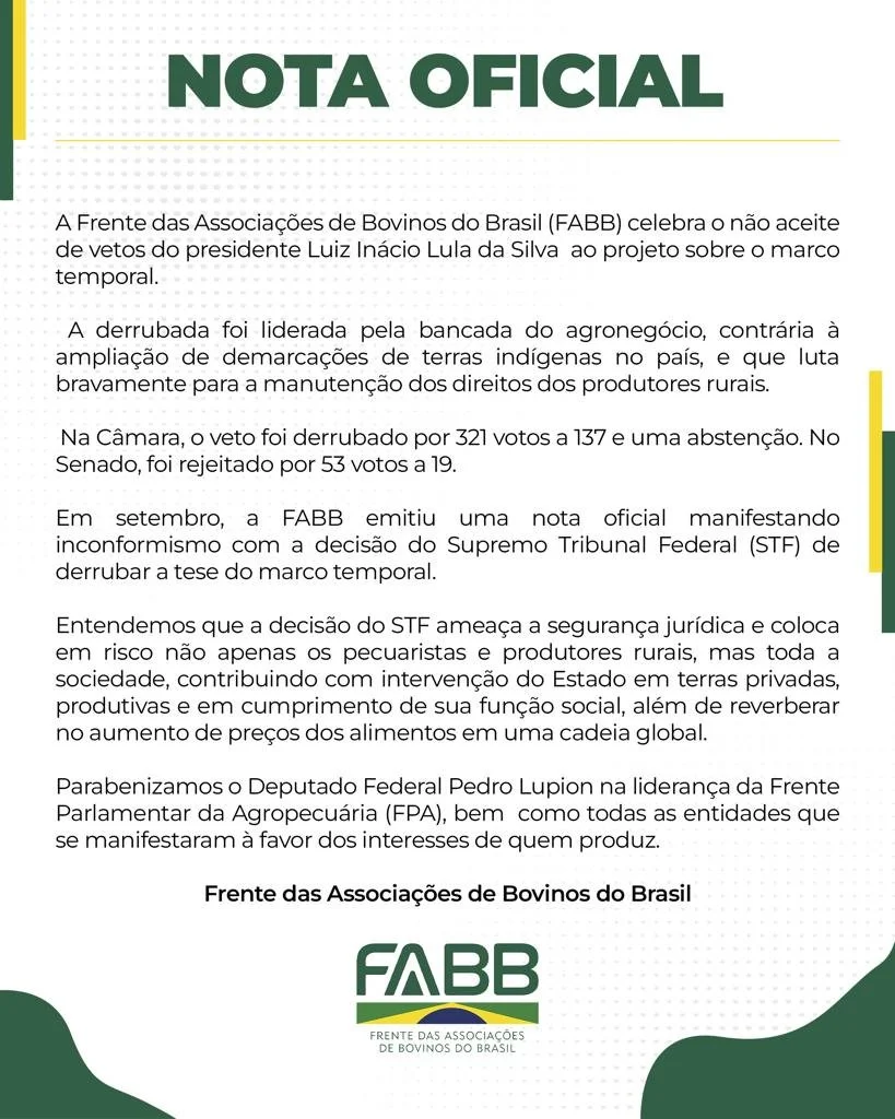 Nota oficial FABB: Derrubada de veto ao projeto sobre marco temporal