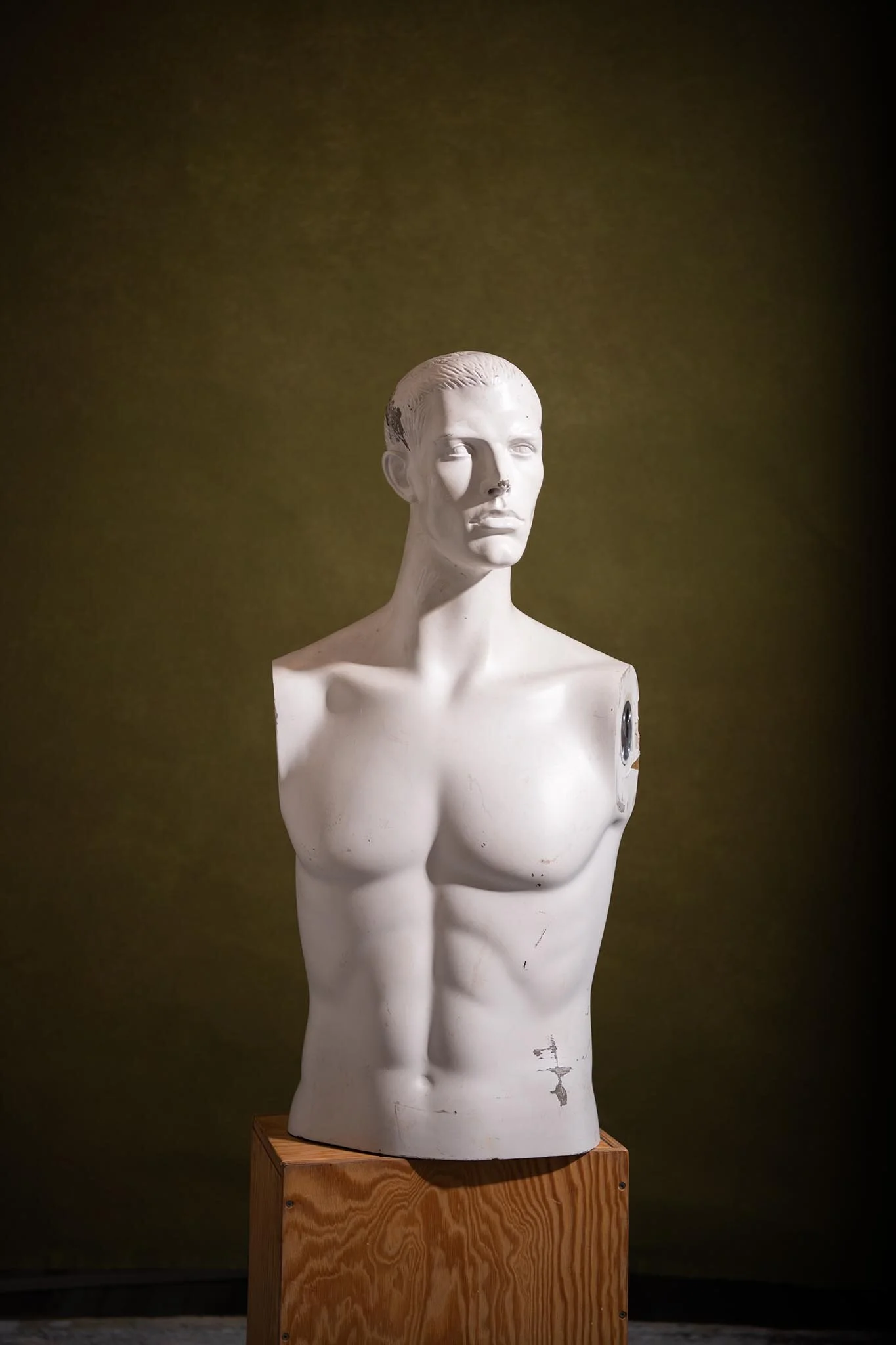 White male mannequin bust with a muscular chest and defined abs, mounted on a wooden stand, against a dark background.