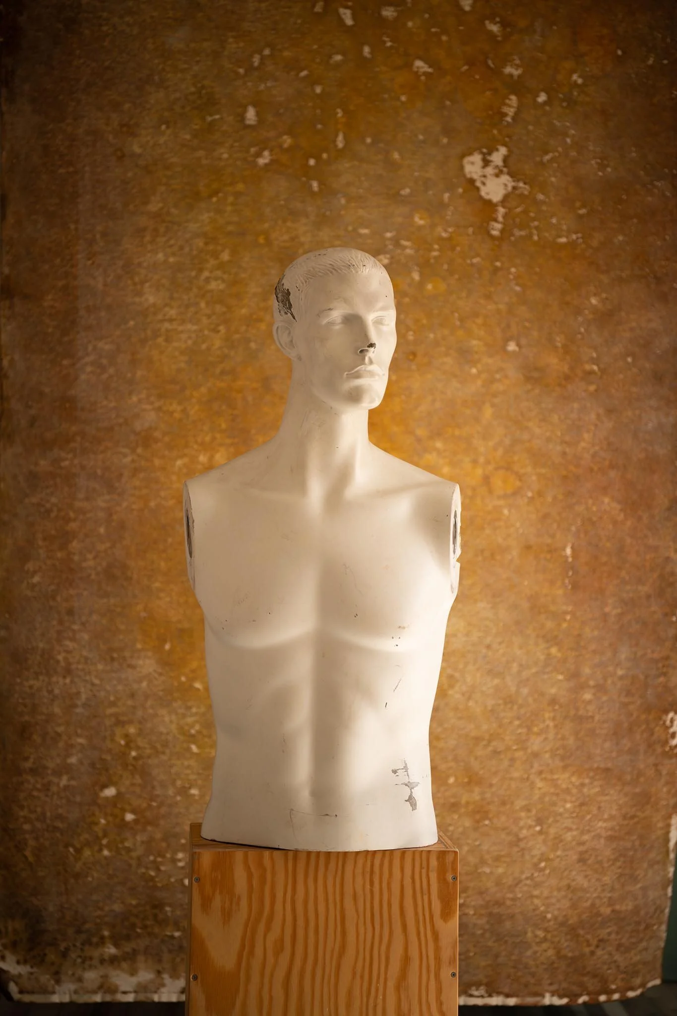 A white male torso mannequin with a head on a wooden pedestal against a brown textured background.