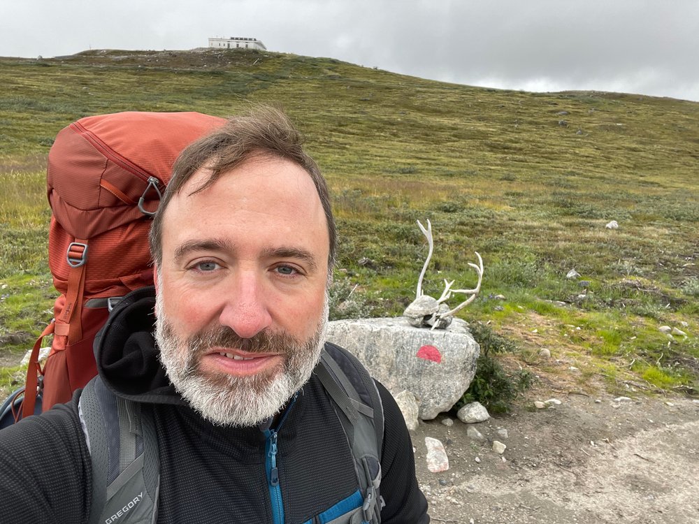 The author at the first cairn (trail marker)