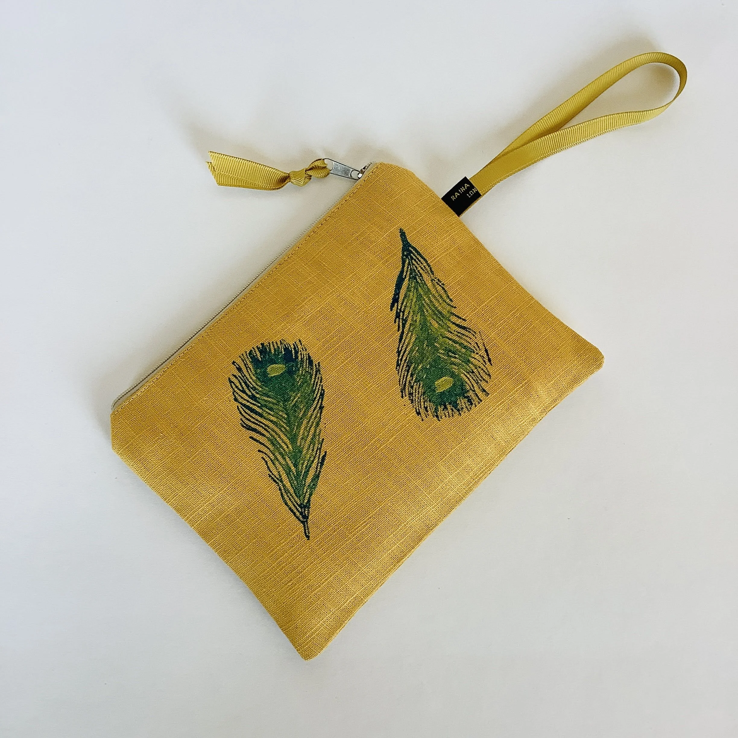 Yellow Linen Peacock Feathers pouch.jpg