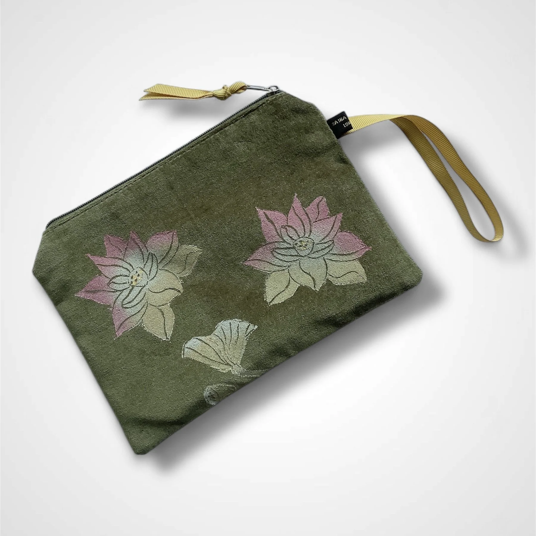 Olive Velvet Lotus Flower pouch.jpg