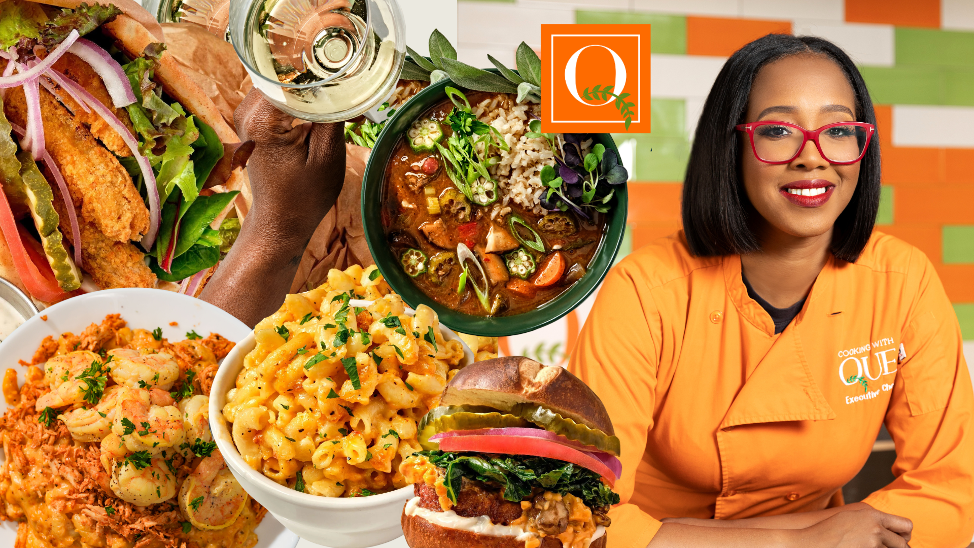 Chef Quē surrounded by healthy food, colorful dishes, smoothies and cocktails at The Kitchen by Cooking with Quē in Detroit