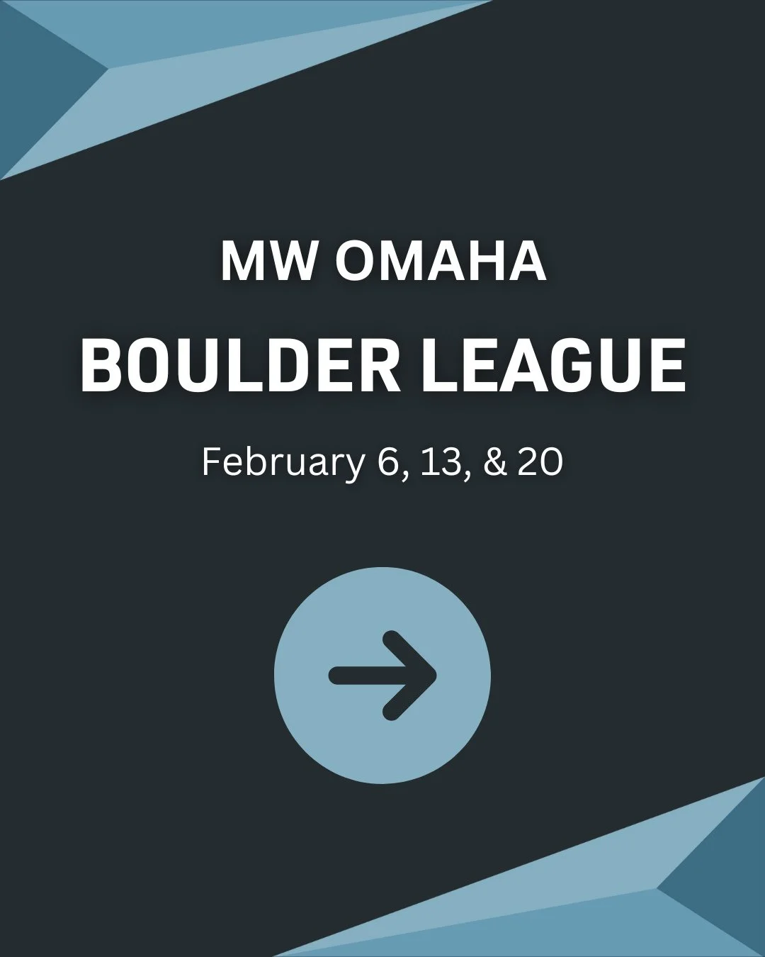 It's time for another round of Omaha Boulder League!⁠
⁠
Starting February 6th, we will be doing a TEAM format for this season's league: with teams of 3 battling it out on the wall. ⁠
⁠
League nights include 2/6, 2/13, and 2/20 from 6-9 PM each night 