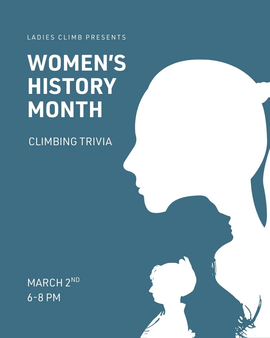 During Ladies Climb Night this March, we will be celebrating Women's History Month with some women's and climbing trivia! Start prepping now, because the winners get free drink tickets to MW Omaha's cafe!⁠
⁠
See you on March 2nd from 6-8pm!