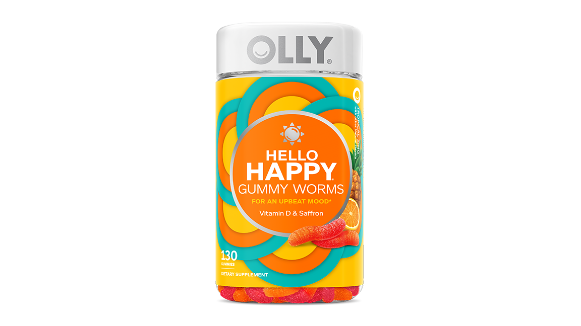 OLLY Hello Happy Gummy Worms, Mood Balance Support with Vitamin D, Tropical Zing (130 ct.)