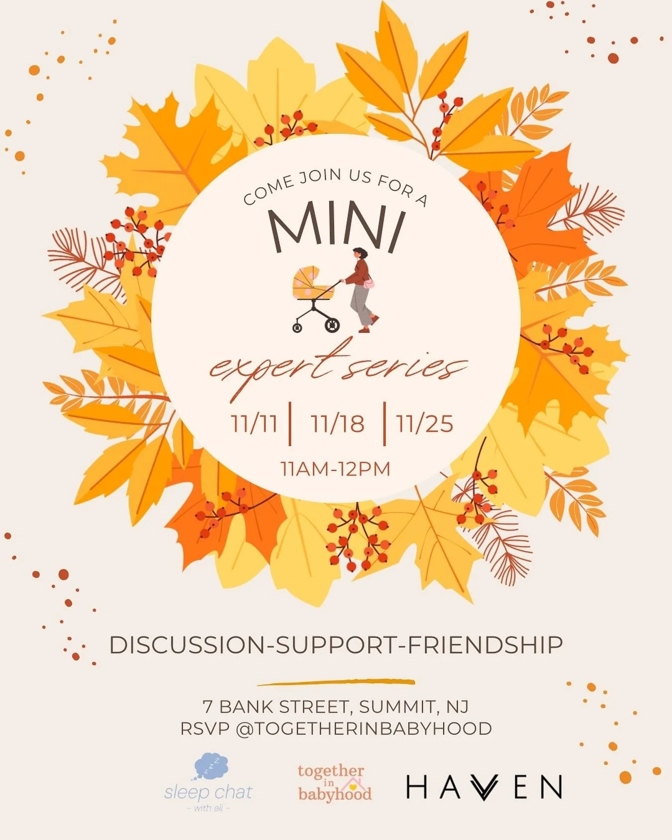 Excited to announce our Mini Expert Series for Moms 📣 

Three weeks of connection, learning, and support from local babyhood experts. Designed to help you feel more grounded, informed, and cared for during this season of motherhood.

Tuesdays 11am&n