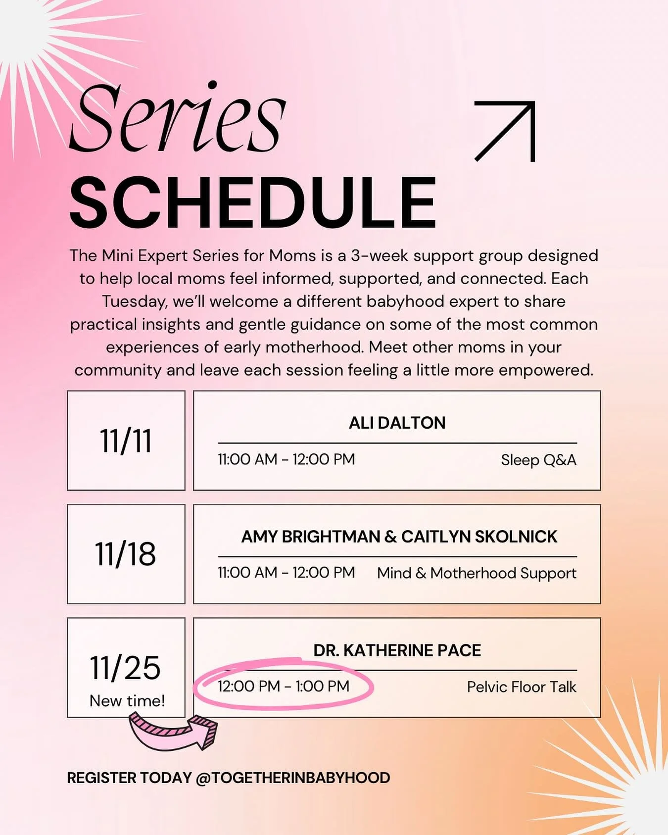 Motherhood comes with questions. We&rsquo;ve put together this series to help you feel supported through it all:

Certified pediatric sleep consultant @sleepchatwithali on 11/11 at 11am. 

Double the trouble with local perinatal psychotherapists @tog