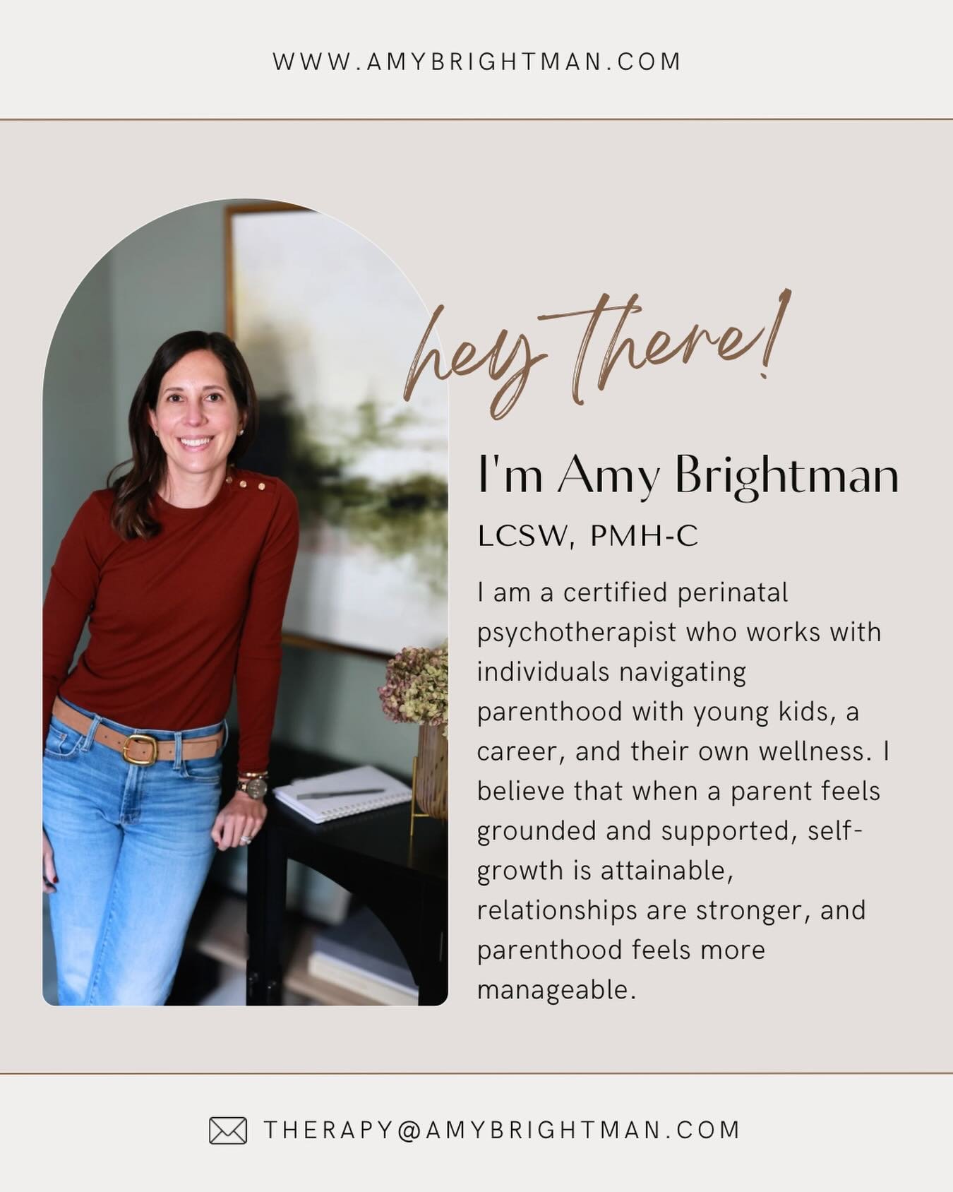 A quick intro. I am Amy, a licensed psychotherapist who specializes in working with individuals who are juggling the day-to-day realities of being a working parent with young kids. Together, we focus on helping you manage stress, slow down intentiona