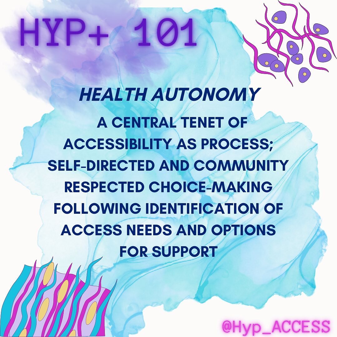 Hyp 101 part 4 - defining Health Autonomy: a central tenet of accessibility as process; self-directed and community respected choice-making following identification of access needs and options for support. 

An image with a white background, purple a