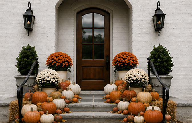 Fall decorated front door with pumpkins of various colors and sizes, two potted orange chrysanthemums, two potted evergreen shrubs, and outdoor wall lanterns.