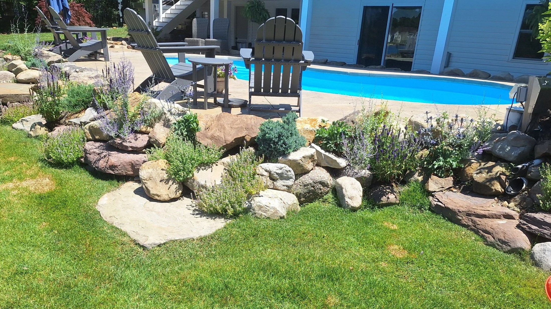Backyard with a grassy lawn, a raised flower bed with rocks and purple flowering plants, a patio area with wooden chairs, a swimming pool, and a blue house in the background.