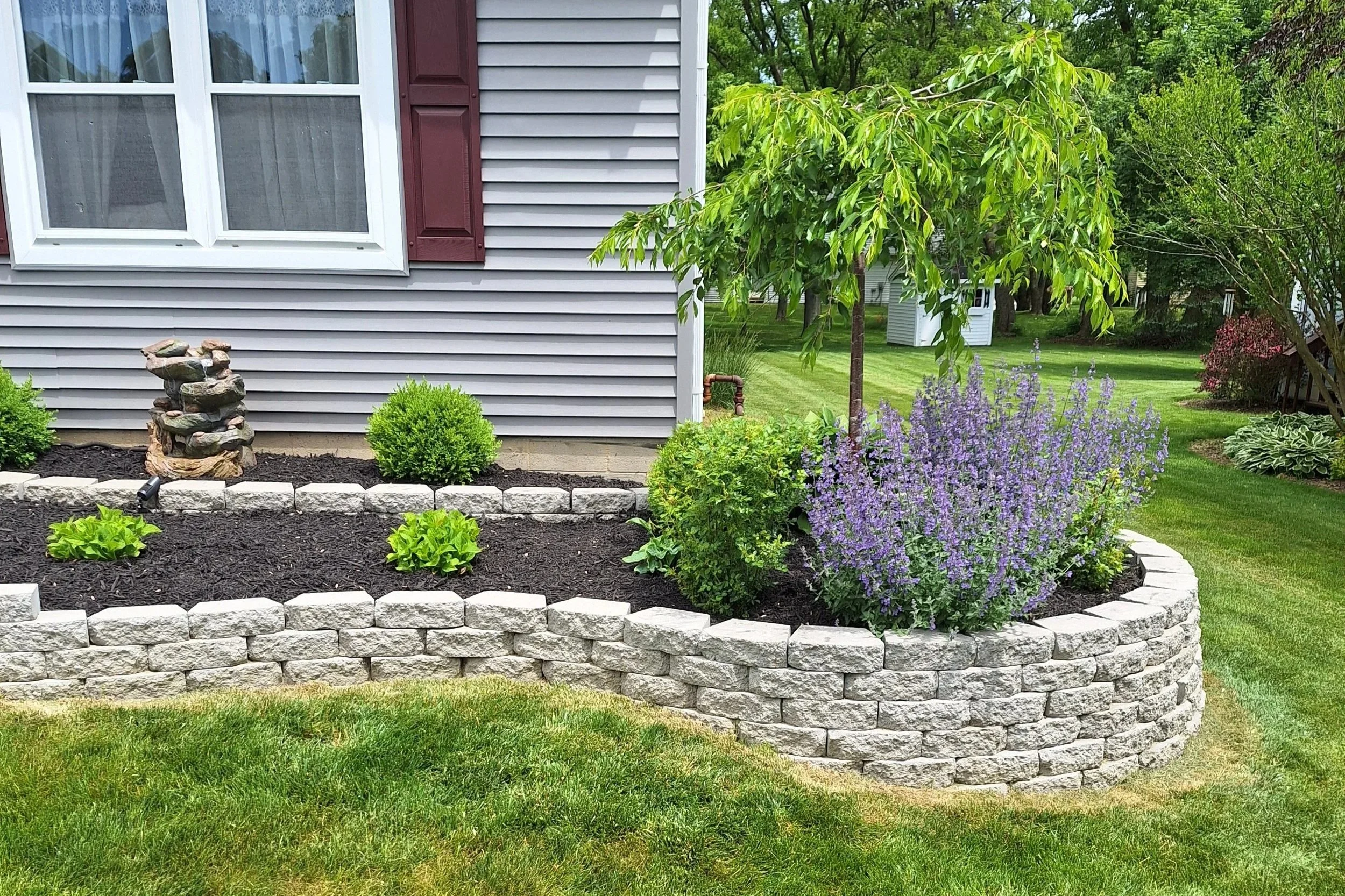 A garden bed with a stone border, lush green plants, and purple flowers in front of a house with gray siding and a window with white trim.