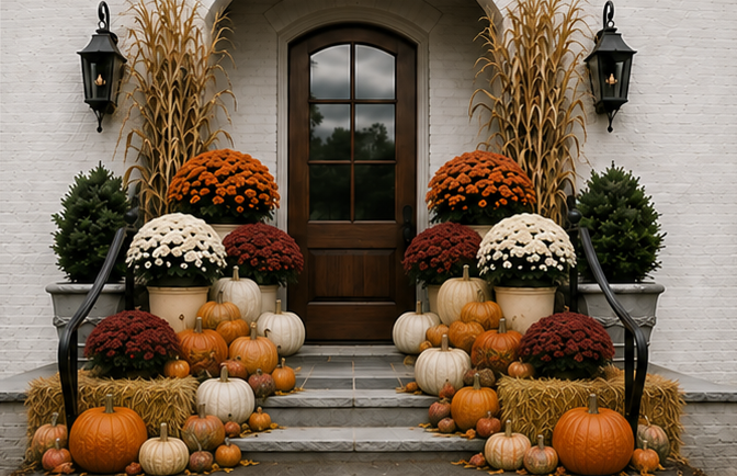 Front entrance decorated with pumpkins, gourds, and chrysanthemums in autumn colors, flanked by tall dried grasses and black lanterns.